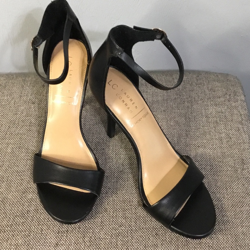 LC Lauren Conrad Black Leather Ankle-Strap Open-Toe Heels, Size 9.5.